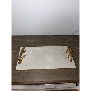 Indian White Marble Serving Tray with Gold Finish Metal Handle DECORATIVE 14x7‎